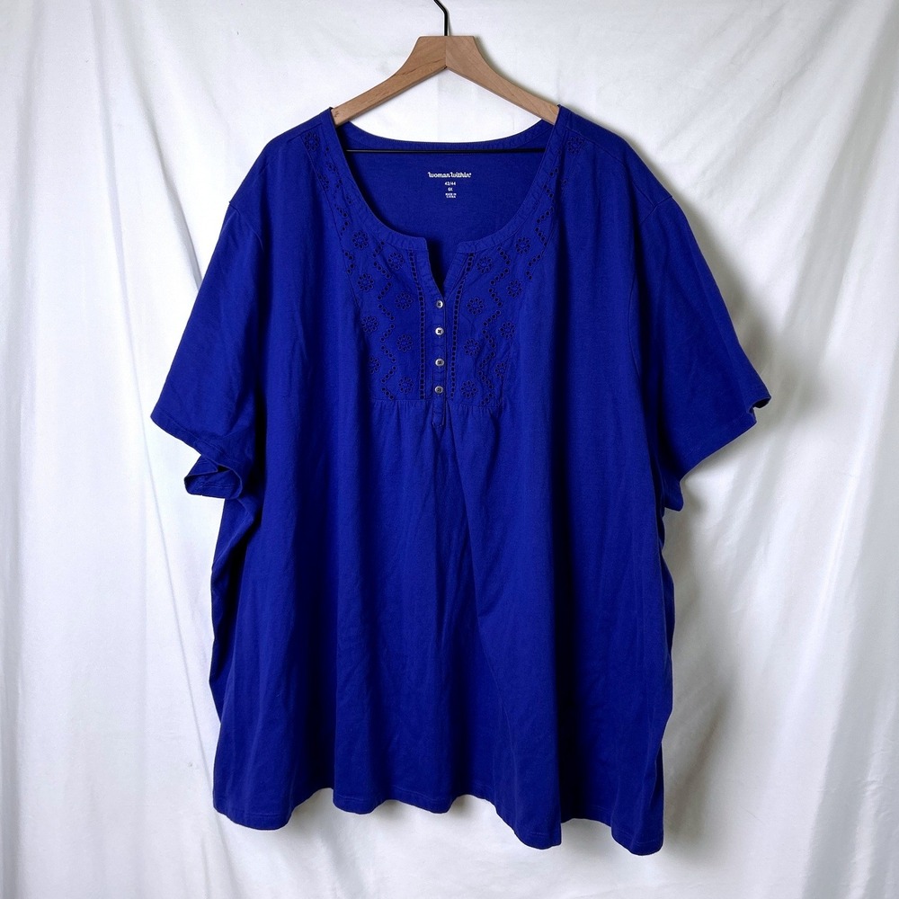 Woman Within Womens Tunic Top Blue Eyelet Short Sleeve Plus Size 6X Cottagecore